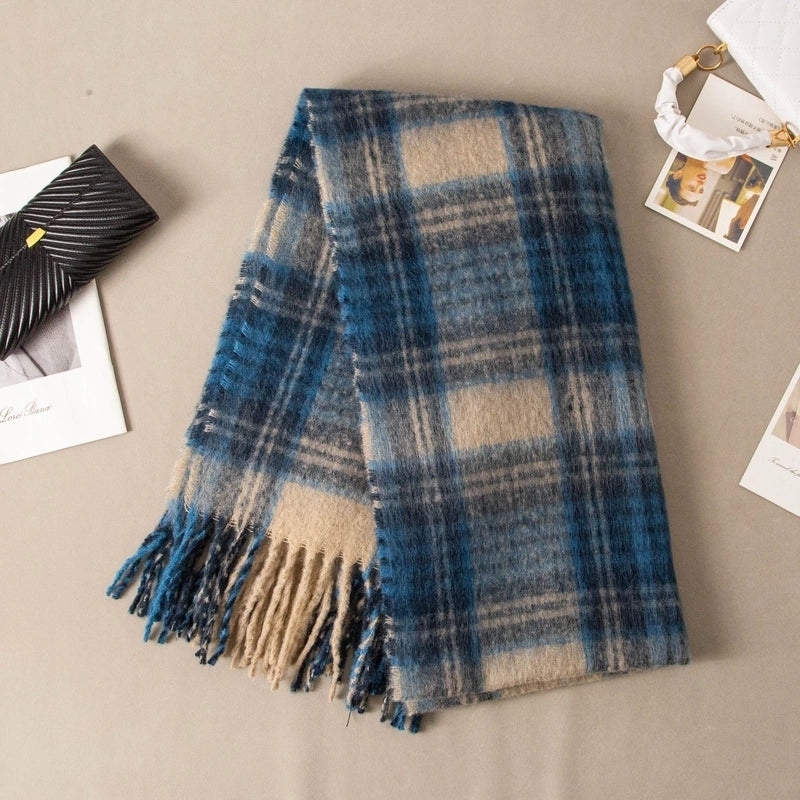 Plaid Tassel Mohair Scarf Women's Spring Students Travel Fashionable Sticker Casual Scarf